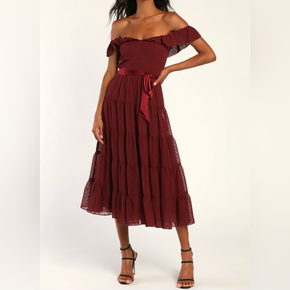 Lulus Tier To Win Burgundy Tiered Flutter Sleeve Midi Dress